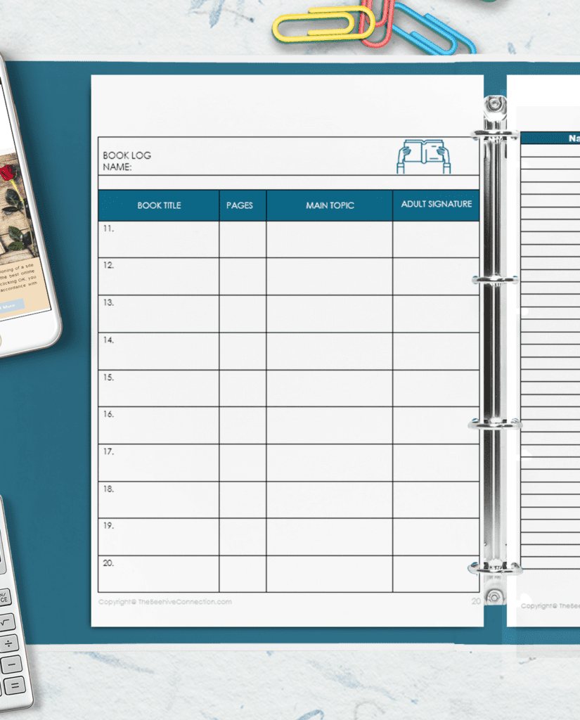 book log page for student planner printable