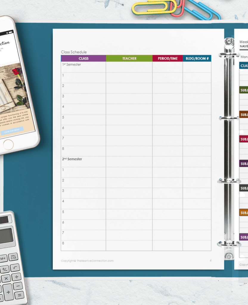class schedule for student planner printable