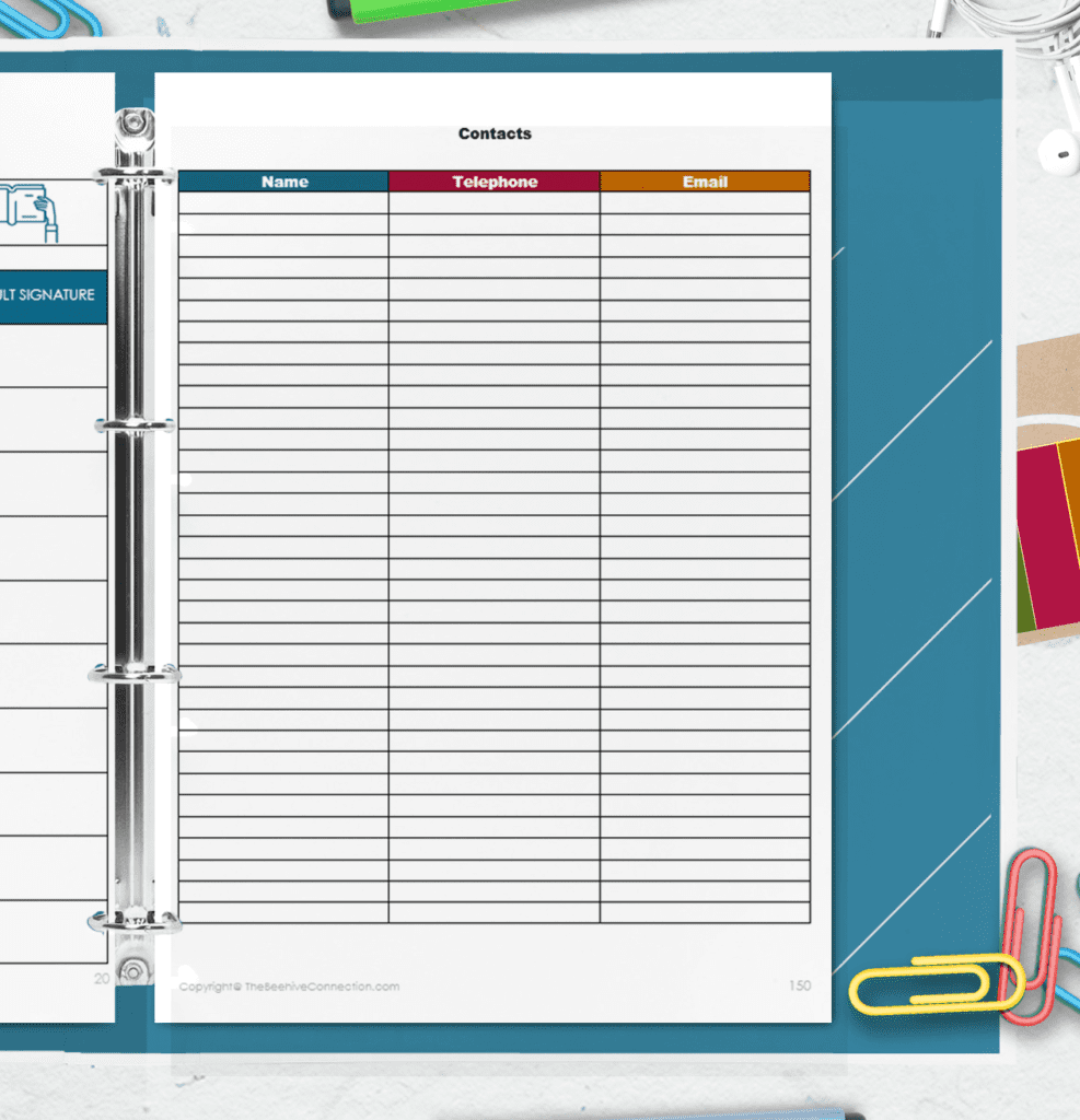 contacts page for student planner printable