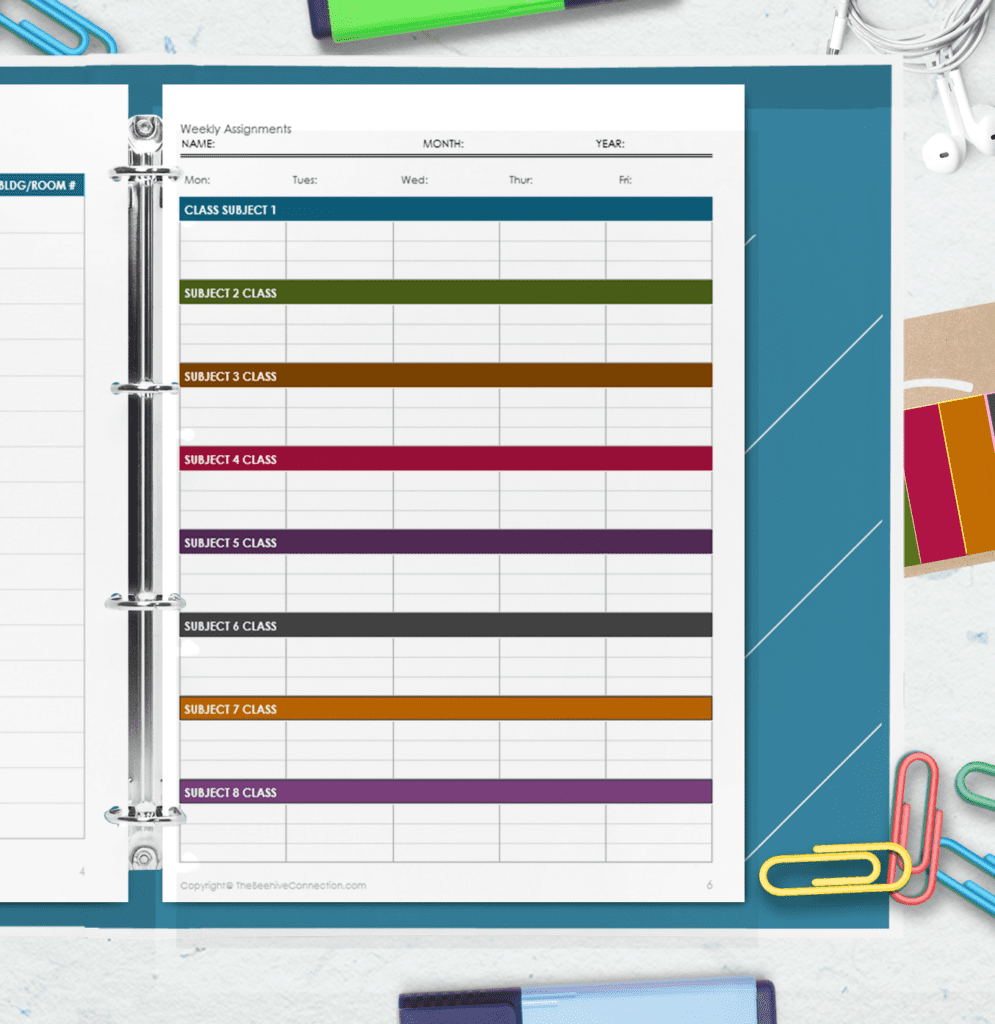 weekly assignments page for student planner free printable