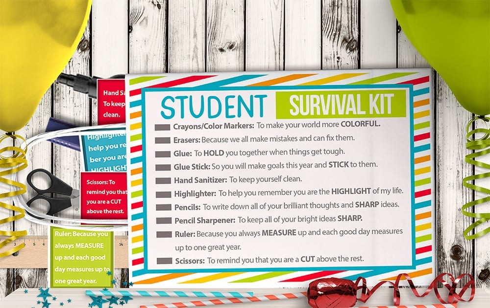 Back to school student survival kit free printable