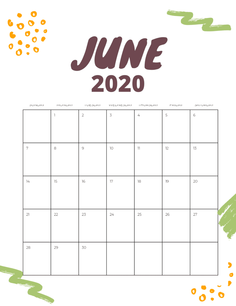 2020 June Calendar Vertical