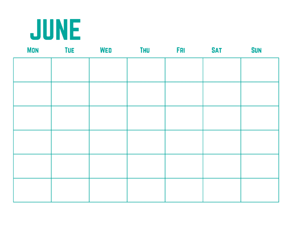 June Calendar Starts on Monday