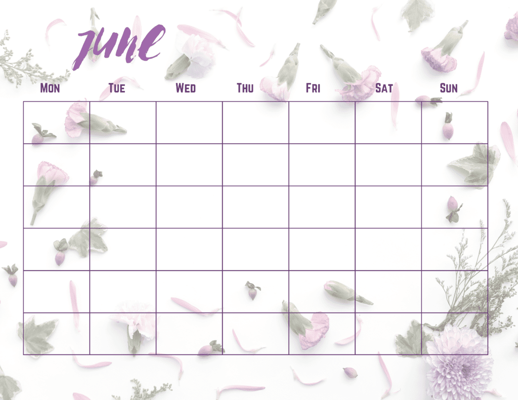 June Calendar Starts on Monday