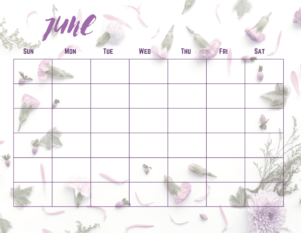June 2020 Calendar Purple Flower Calendar Starts on Sunday