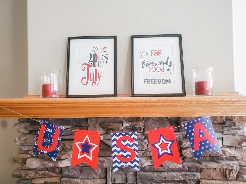 4th of July USA Banner and Typography Art on Fireplace 4th of July Printables