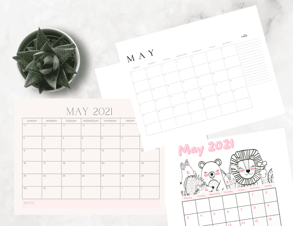May 2021 FREE Printable Calendars Mockup of 3 different styles and varieties.