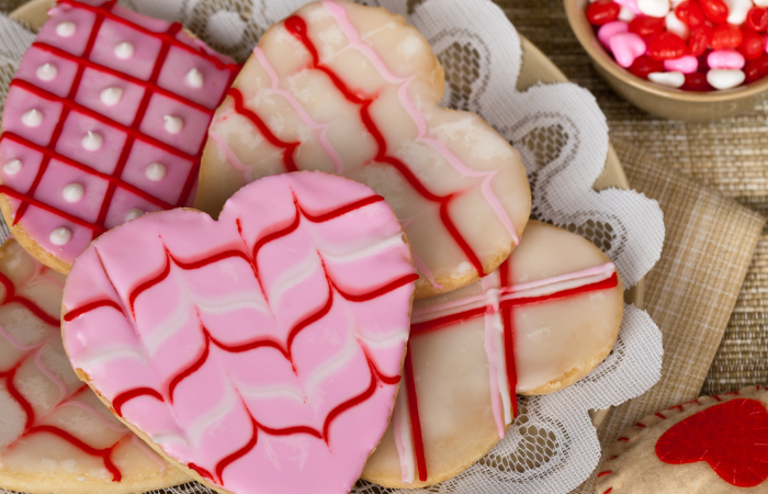 Valentine's day treats plate of decorated sugar cookies
