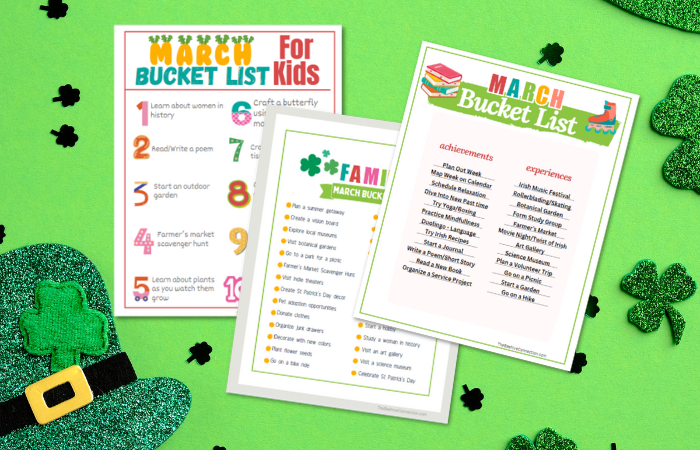 Three printables March Bucket List One for kids, one for teens, and one for families,