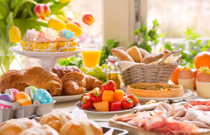 easter brunch ideas - various foods on a spring table