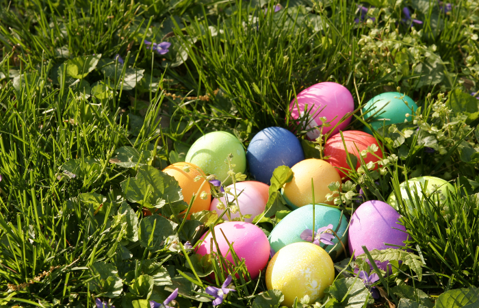 adult easter egg clues - easter eggs bunched together in the grass
