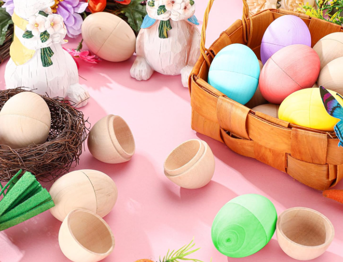 wooden eggs colored in a basket