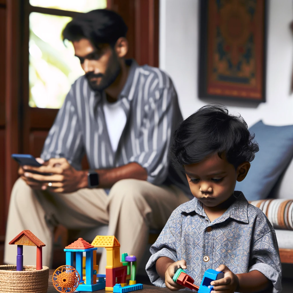 uninvolved parenting style a dad on his phone while son plays by himself. co parenting with different parenting styles