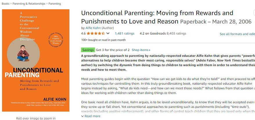 screen shot of book unconditional parenting book