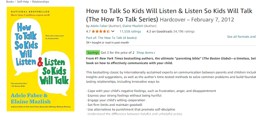 screen shot of amazon book How to talk so kids will listen positive discipline book