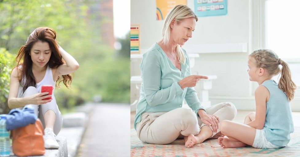 girl sitting on a bench with split screen of mom and daughter sitting on the floor. Mom pointing to daughter