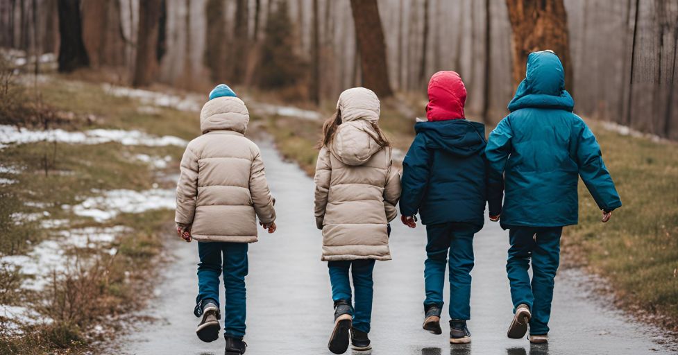 kids wearing coats walking away from the camera