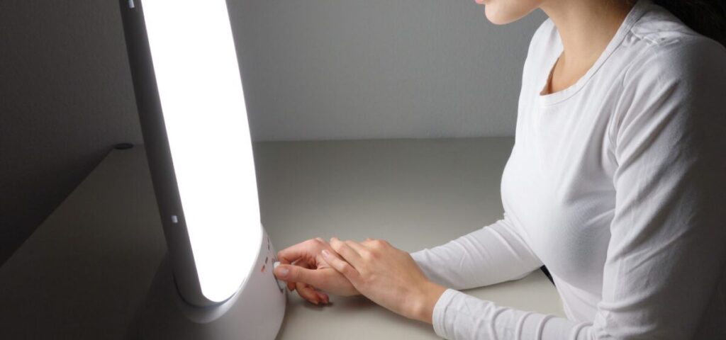 person sitting in front of a therapy light