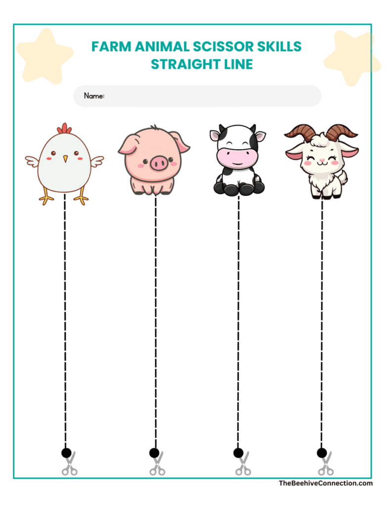 farm animal scissor skills straight line