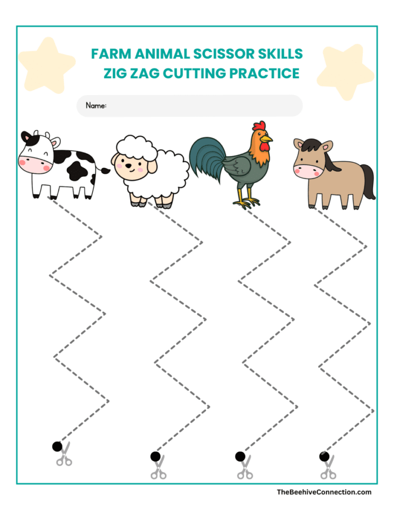 farm animal scissor skills zig zag