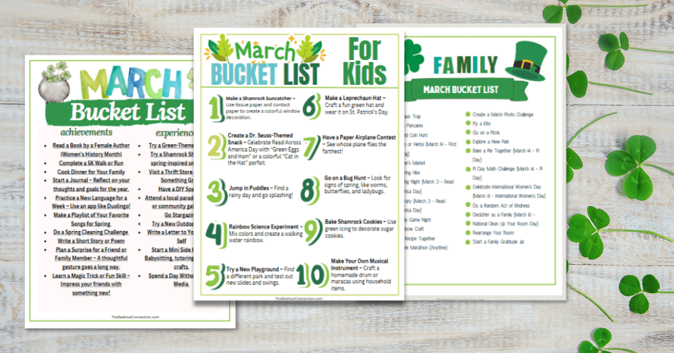 march bucket list printables for family, kids and teens