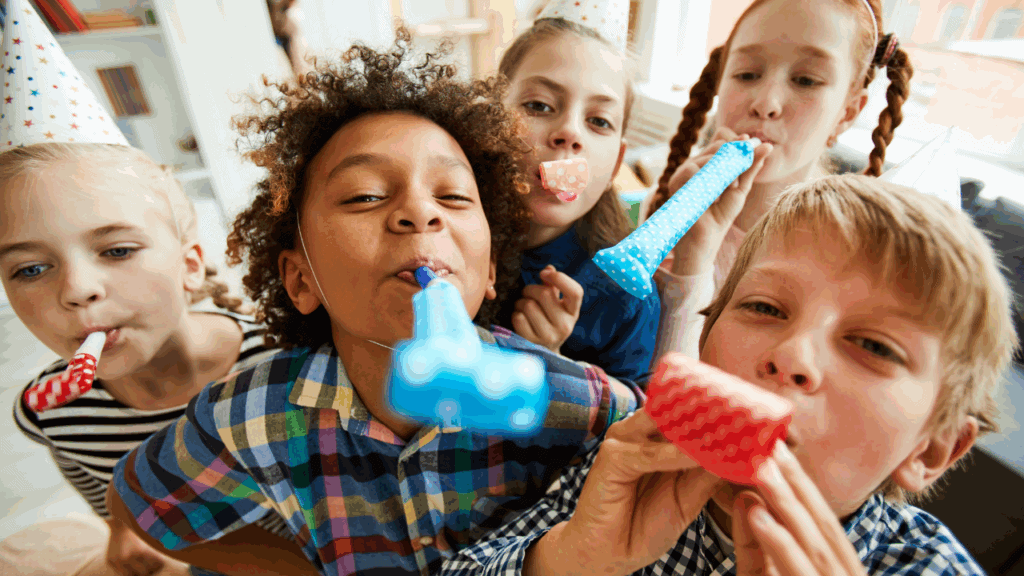 cousin party ideas group of kids with party hats and noise makers