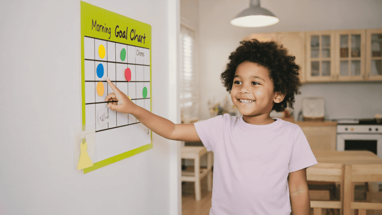 how to create a goal chart for kids little boy pointing to a goal chart smiling
