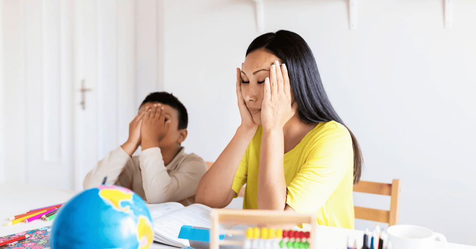 ADHD homework tips mom and son stressed at table
