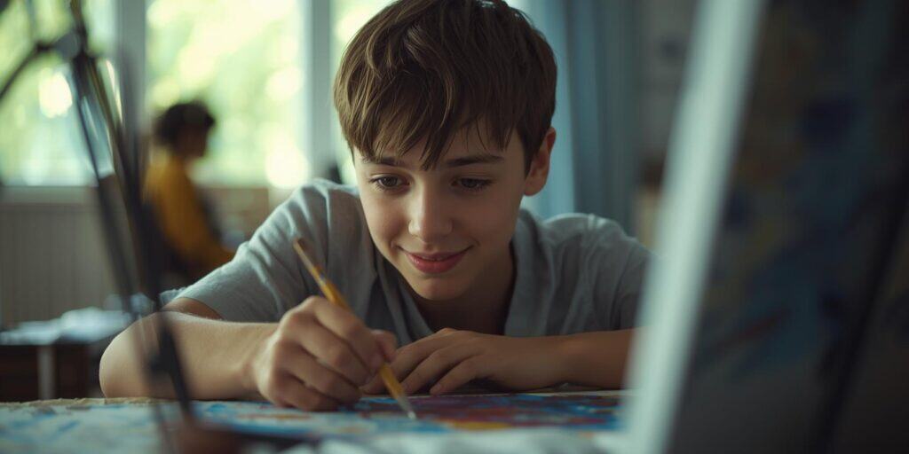 Art Therapy Activities for Teens. a young man painting while sitting at a desk
