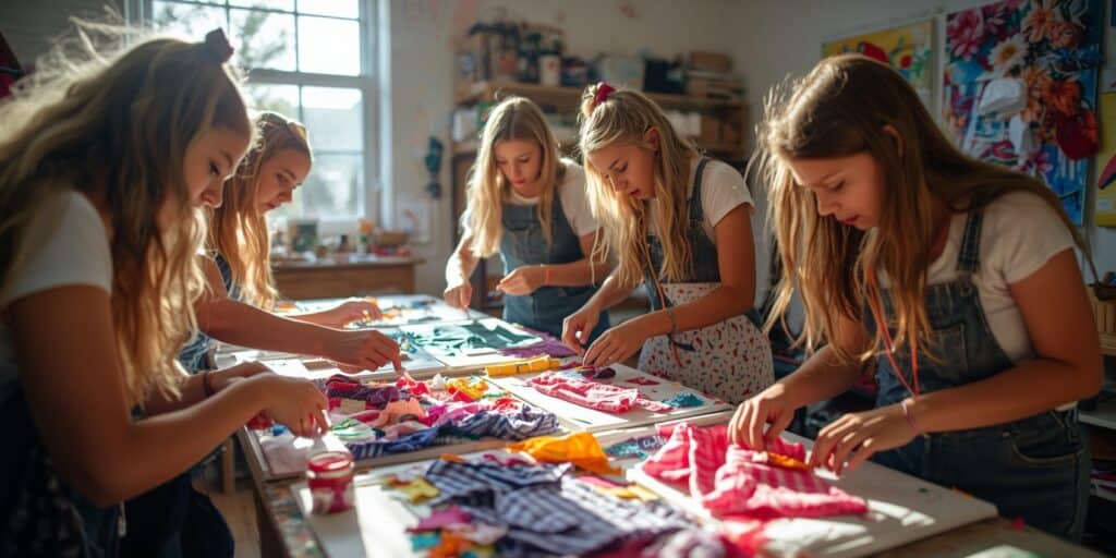 girls creating art using fabrics