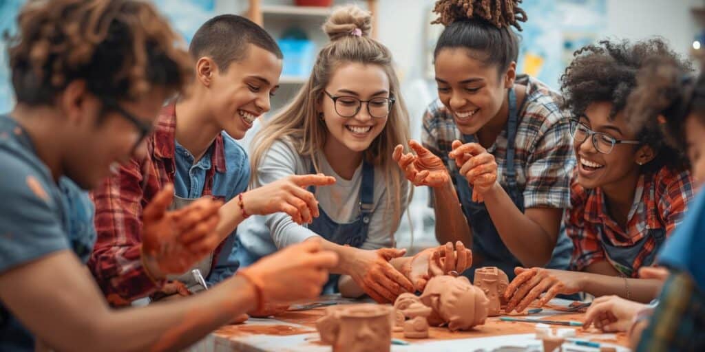 teens doing creations with clay 
