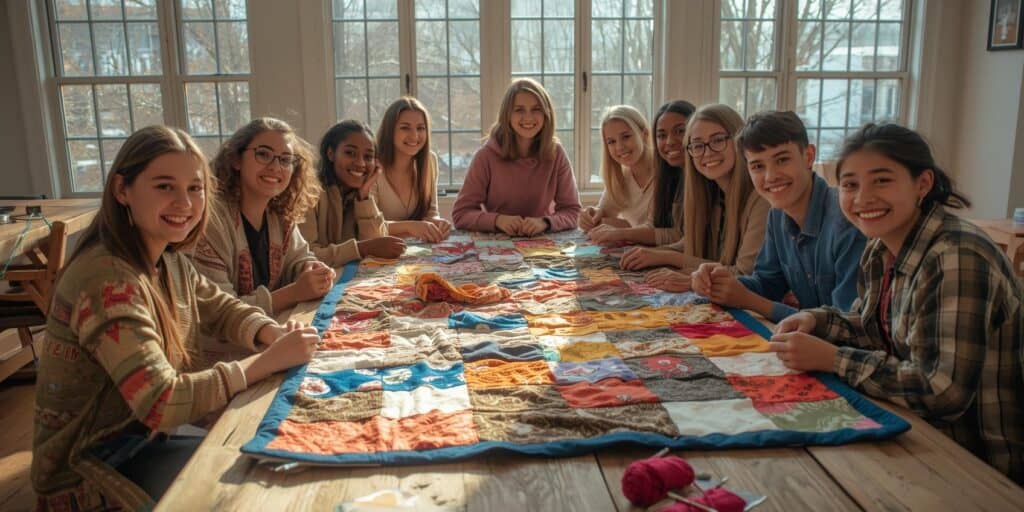 many teens sitting around a table working on a quilt