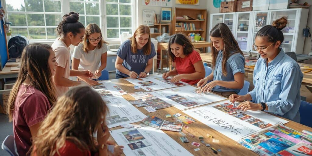 girls sitting around a large table creating vision boards