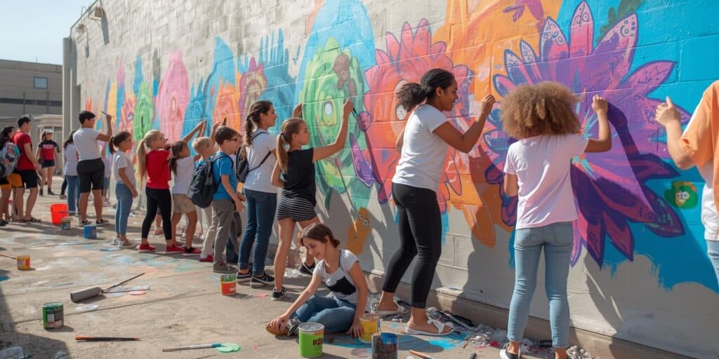 kids creating a wall  mural outdoors
