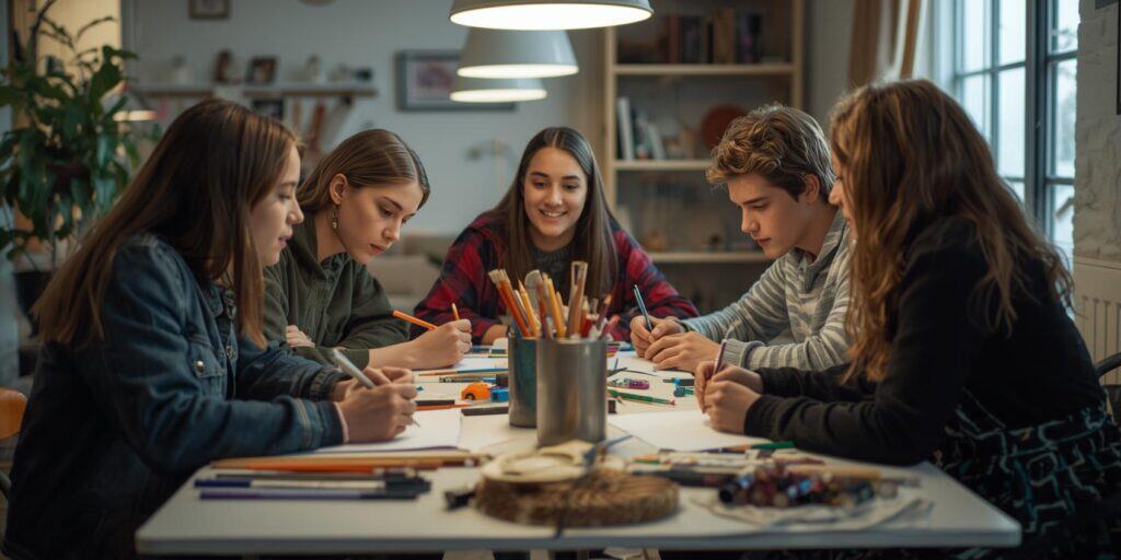 Engaging Art Therapy Activities for Teens. Teens sitting around a table drawing