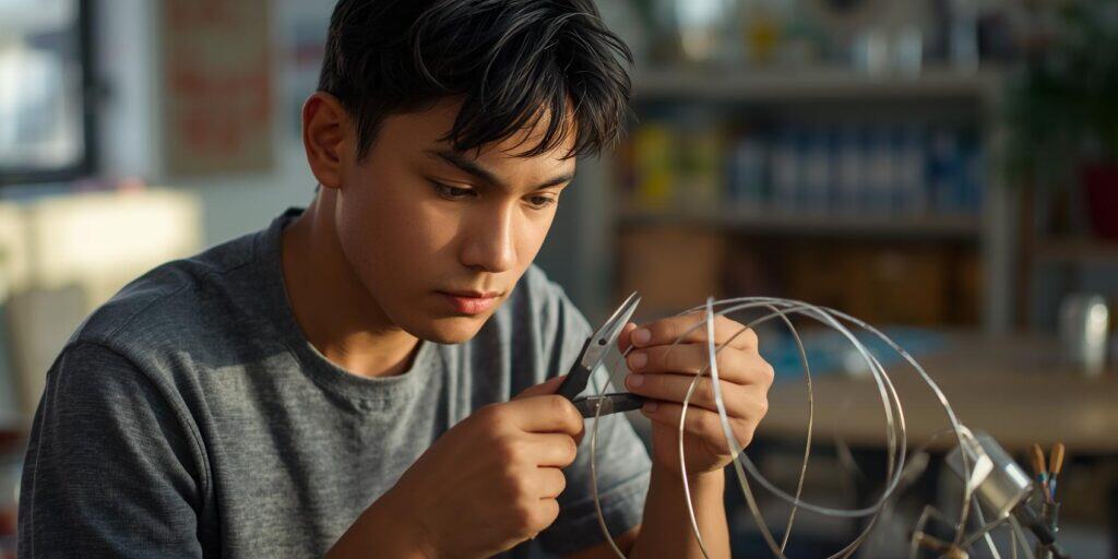 young man creating a wired 3-dimentional art