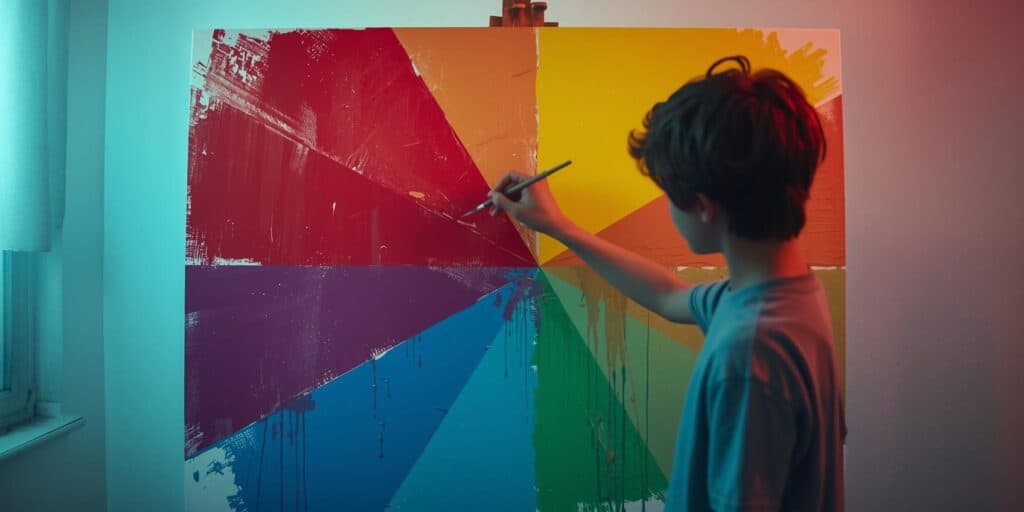 young man drawing a color wheel