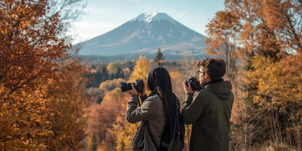 two teens in a fall scene with cameras