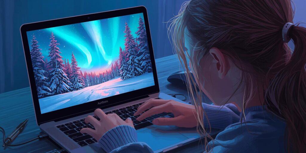 girl creating a digital winter scene on a laptop