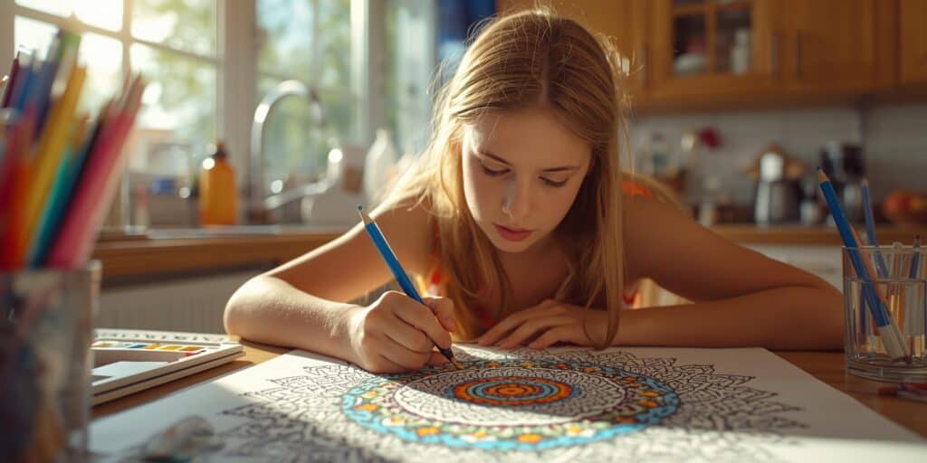 girl sitting at a kitchen table coloring a mandala