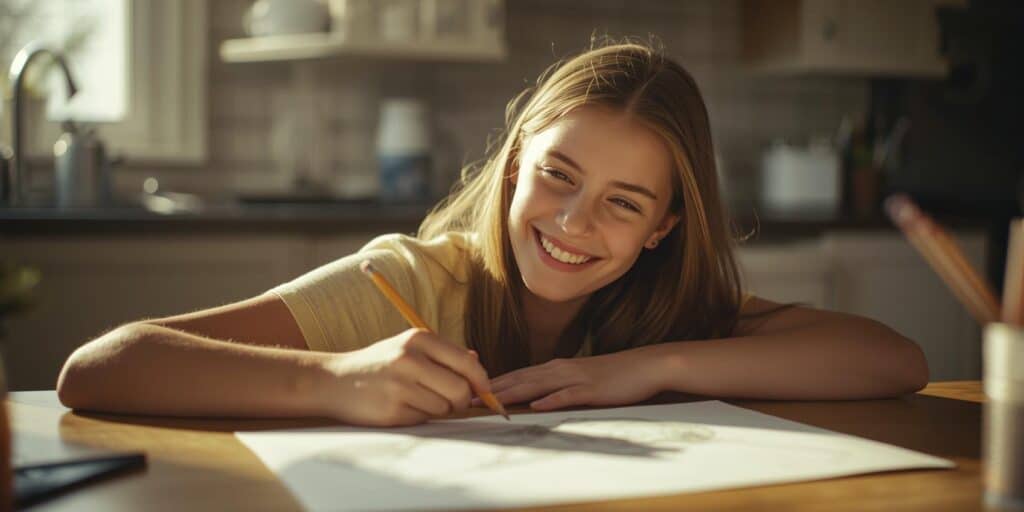 teen girl drawing with a pencil at a kitchen tables