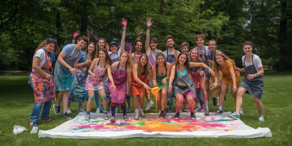 teens playing with paint on a canvas outside 
