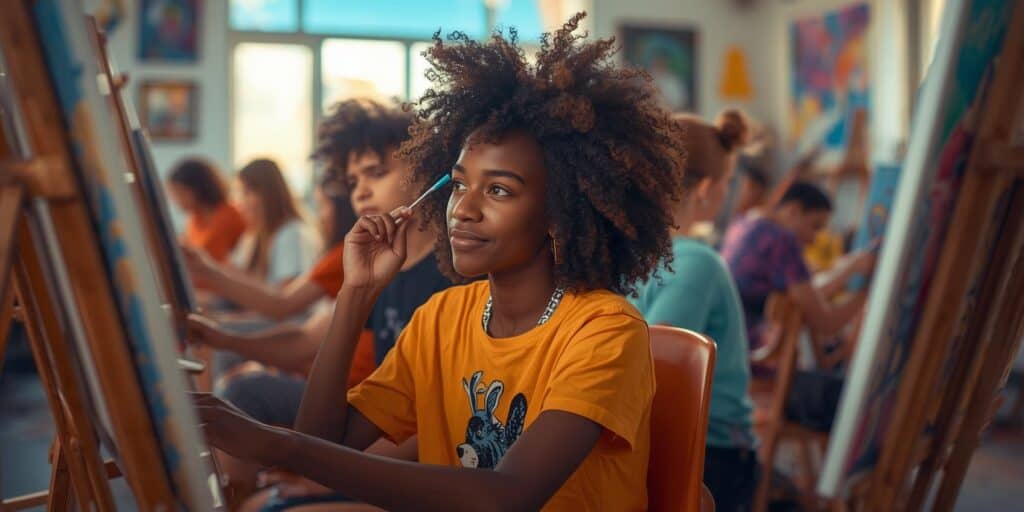 girl in art class in front of a canvas thinking