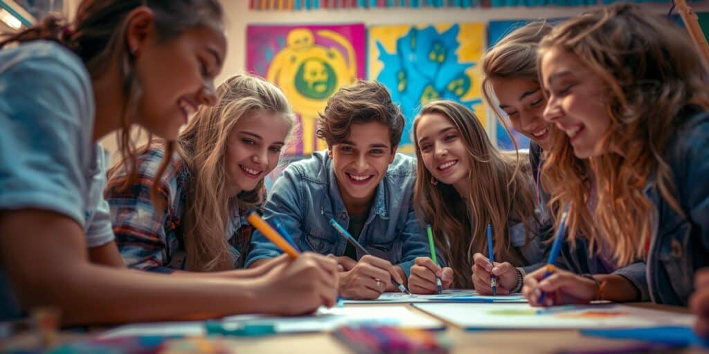 teens sitting around a table while smiling and painting 