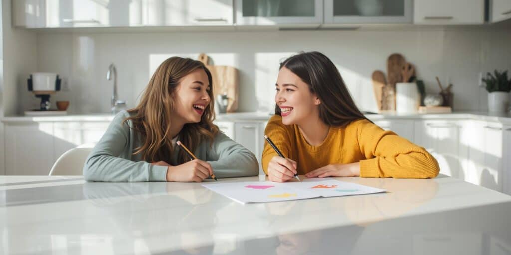 two girls sitting at a kitchen table drawing,